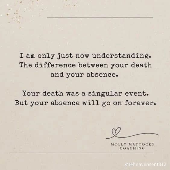 A quote on a plain beige background. The text reads: "I am only just now
understanding. The difference between your death and your absence.
Your death was a singular event.
But your absence will go on forever."

MOLLY MATTOCKS COACHING
