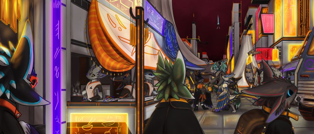 Asher and Renyu are exploring an avali market. They are surrounded by avali. Some stare at them, others don't. 