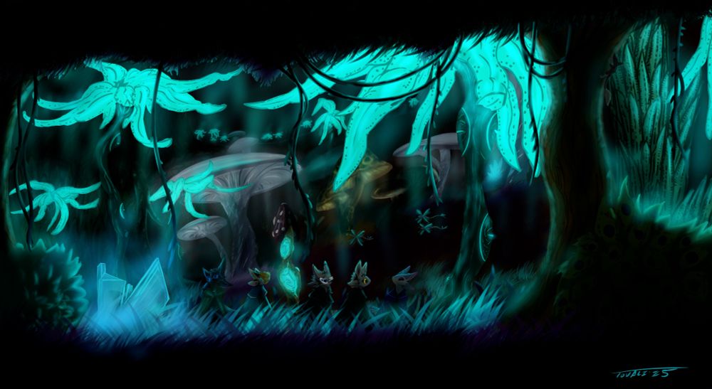 Dark Avalon forest with 5 avali walking through