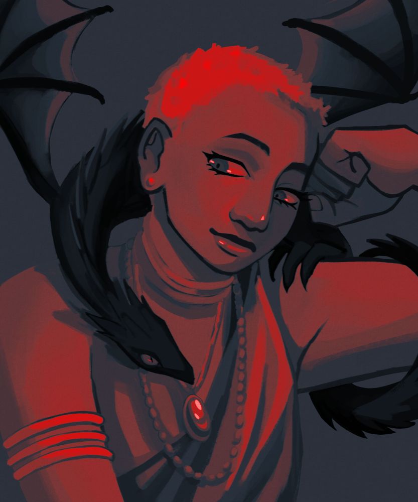 The same drawing, but with a dark grayish-blue and red gradient map over it. 