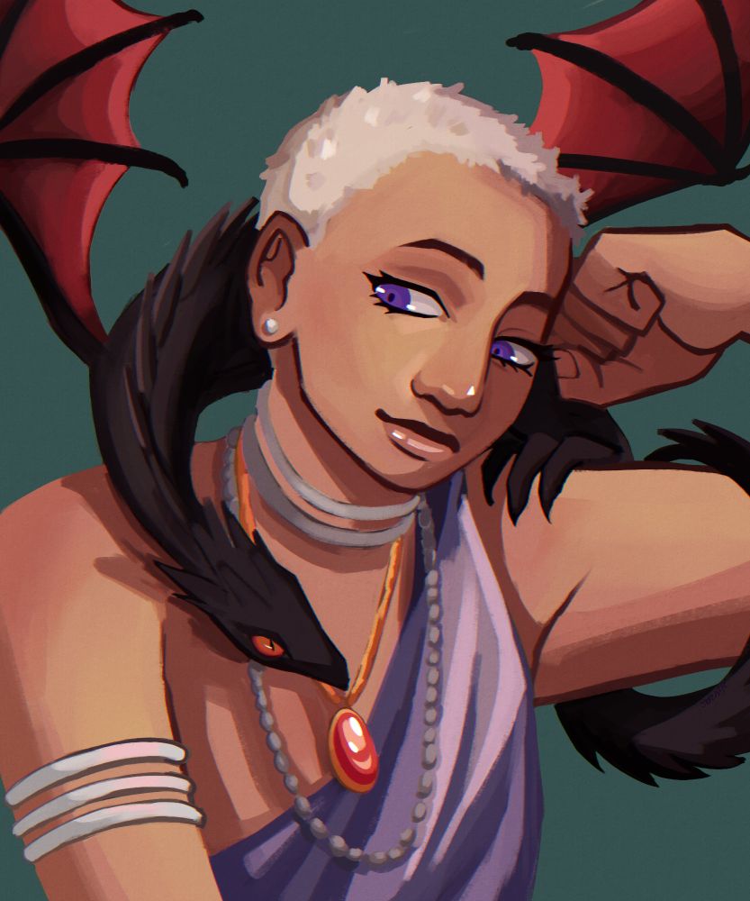 A digital drawing of Daenerys Targaryen and her dragon Drogon from the A Song of Ice and Fire book series. She is a girl with light brown skin, bright purple eyes, and short white hair. She wears a purple dress with one sleeve and several necklaces, mostly silver with one gold one. She also has earrings and arm bands. Drogon is a small dragon, roughly the size of a cat aside from the wings. He is black with reddish-orange eyes and red wings. She is leaning her head on one of her hands and smiling as she glances at Drogon, who is curled up around her neck. The background is a dull green. 