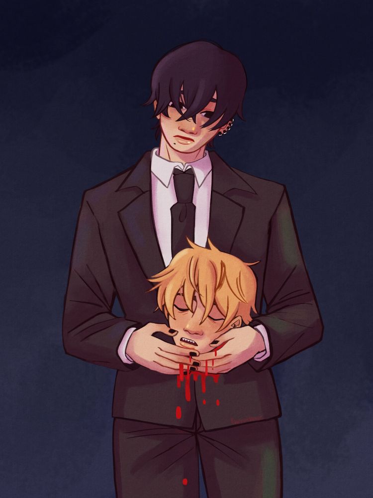 A digital, thigh-up drawing of Yoshida and Denji from Chainsaw Man. Yoshida has pale skin, black hair, black eyes, and several black earrings in his right ear. He wears a Public Safety uniform - a black suit and tie over a white button-up. He is facing forward, cradling Denji's decapitated head. Denji has pale skin, short blonde hair, and pointy teeth. Blood drips from between Yoshida's fingers. The background is a dark blue, darker near the top. 
