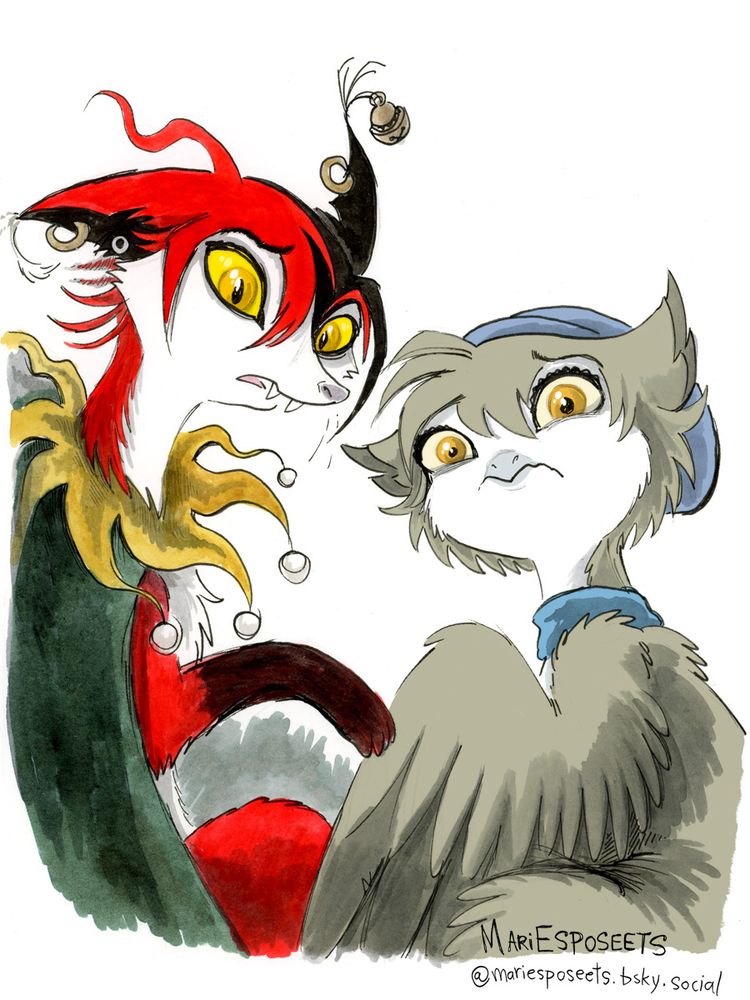 Mad Jacqui (jester fox) and Twyla (an owl) hiding together, looking scared, and turning around because something has crept up behind them. 