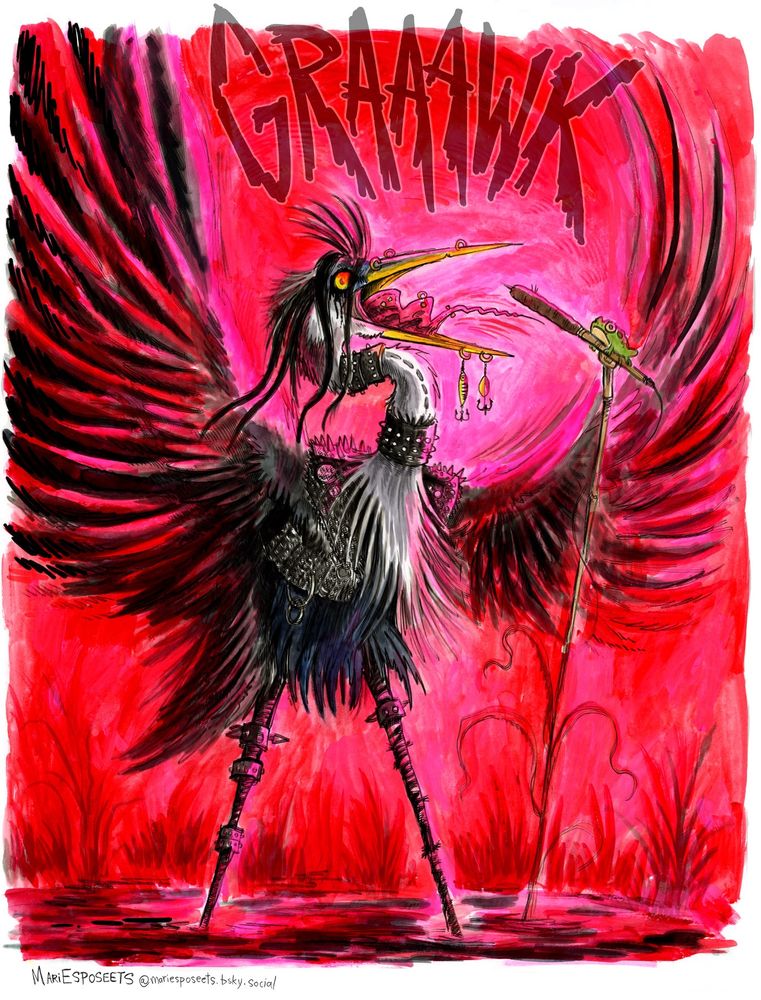 Oh wow great blue heron dressed all screamo, screaming GRAAAAAWK into a bulrush microphone with a little frog on the end of it, background and water the heron is standing in are blood red. 