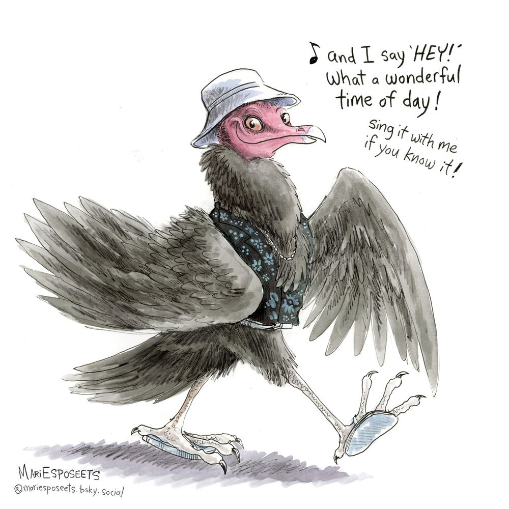 "And I say HEY, what a wonderful time of day!" sings a jolly vulture in a bucket hat and flip flops. "Sing it with me if you know it!" 
