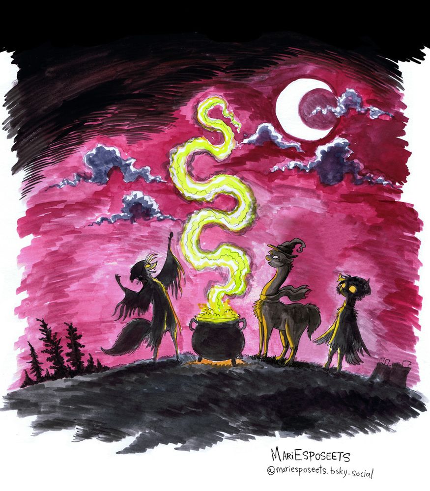 witchy watercolor pic of Mad Jacqui the jester fox, Evie the alpaca, and Twyla the owl standing around a bubbling cauldron with a maroon sky and crescent moon above. 