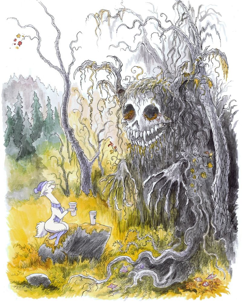 an alpaca sitting on a mossy rock enjoying coffee with the ruins of a giant skeletal creature in the forest. 