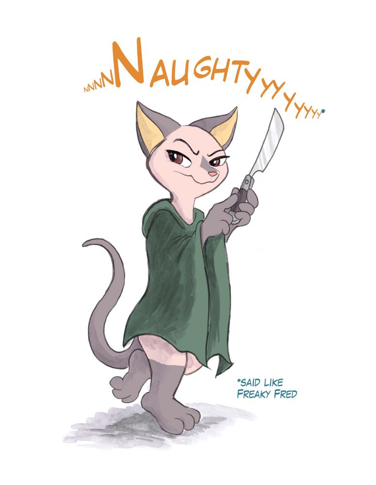 Jasper from SphynxInks, a cartoon sphinx cat brandishing a shaving razor and looking mischievous.