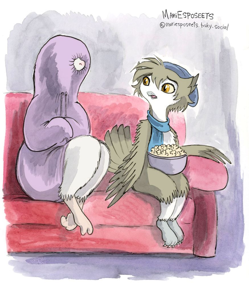 An alpaca (Evie) watching scary movies on couch, but curled up and with face hidden in hoodie. Twyla (owl) is sitting with popcorn looking concerned. 