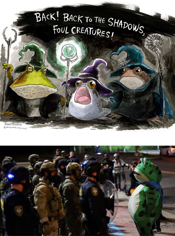 First pic: watercolor and pen illustration of three wizard frogs: an Argentine horned frog, a desert rain frog, and a toad, armed with their wizard staffs. Desert rain frog wizard: Back! Back to the shadows, foul creatures! 

Second pic: rl Portland wizard frog standing up to cowardly ice creeps. 