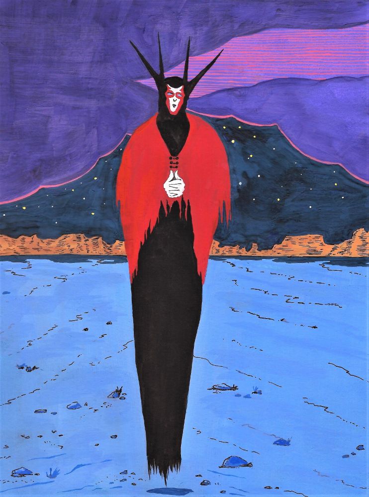 floating figure in red shawl, in desert