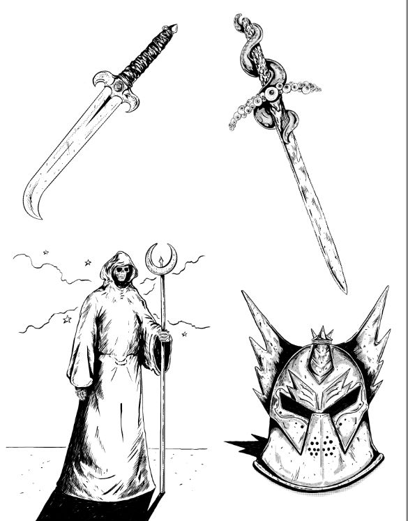 drawings of two daggers, a lich and a helmet with wings