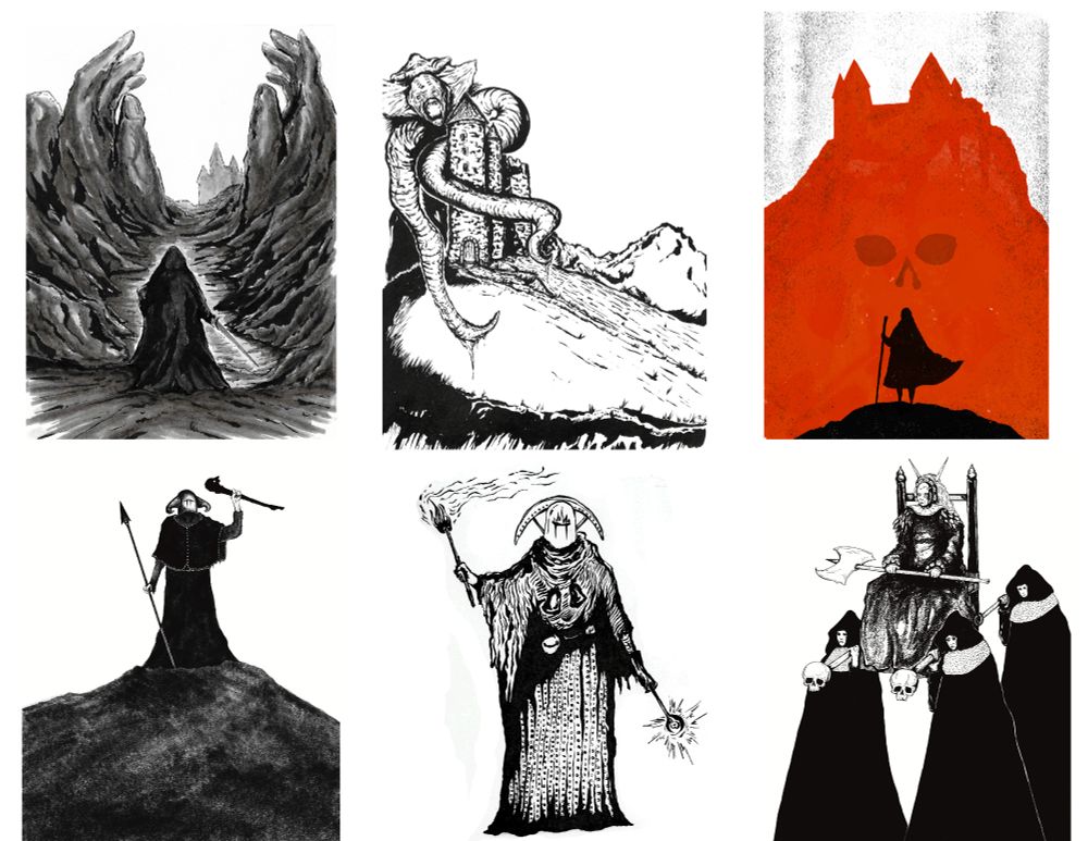 group of images showing various sword and sorcery type charachters