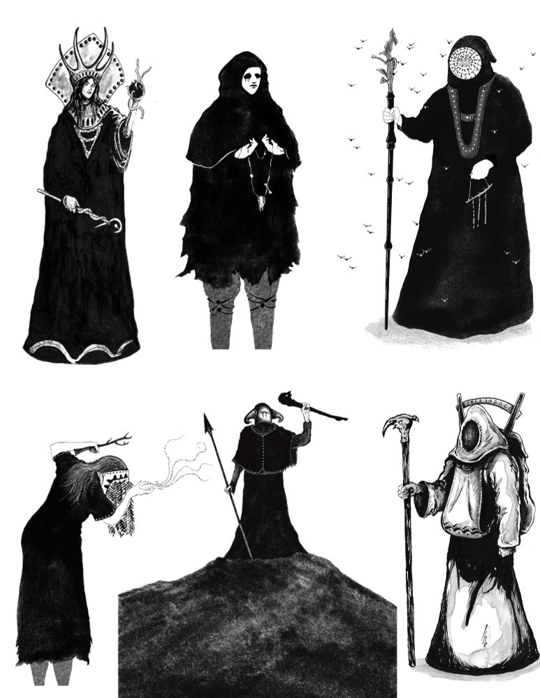 6 various figures, in a dark faolk horror or fairy tale vibe