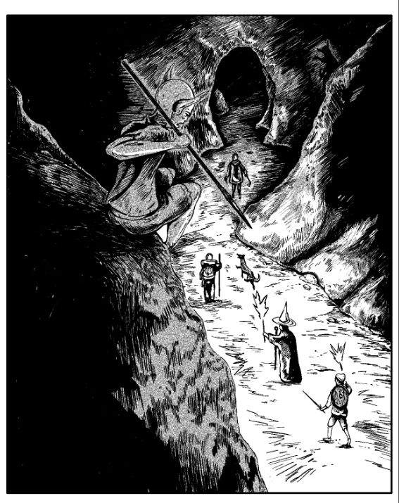 drawing showing a hidden goblin with spear, adventuring party with torches walking below