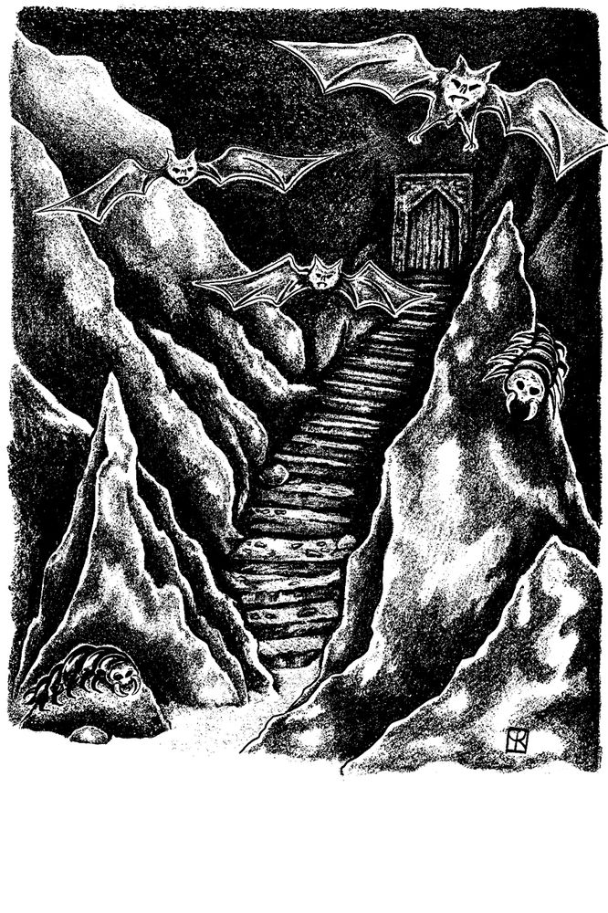 drawing of cavern stairs leading to door; bats and crawlers