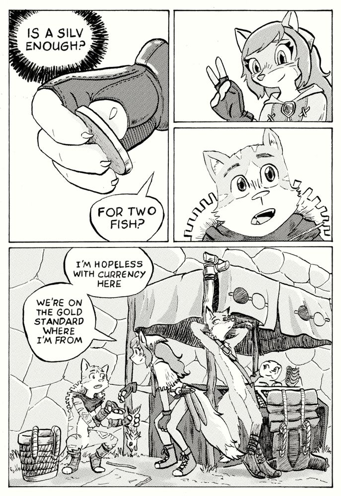 A comic based on the webcomic Maor. Panel 1: "Is a Silv enough? For two fish?" Veronica asks. Panel 2: Veronica holds up two fingers. Panel 3: Maor stares at her in disbelief. Panel 3: Maor holds up his had and a fish. Veronica, "I'm hopeless with currency here. We're on the gold standard where I'm from." 