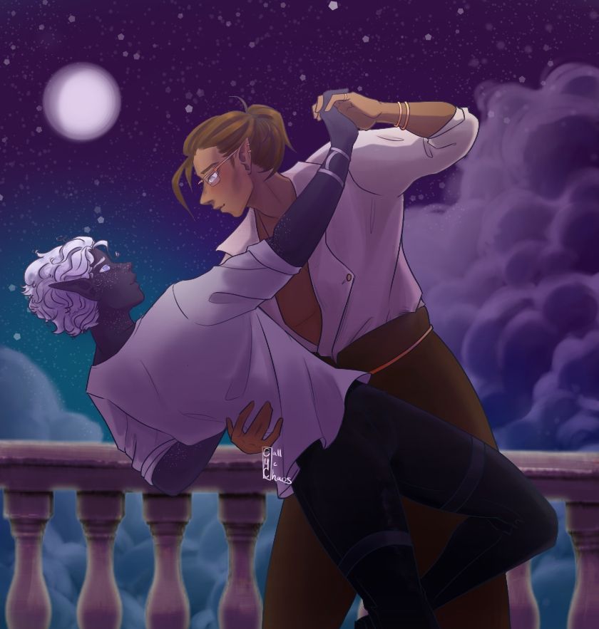 Two men dancing under starlight 