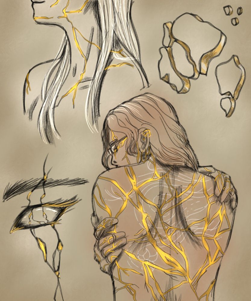 Character sketches with gold cracks on their skin 