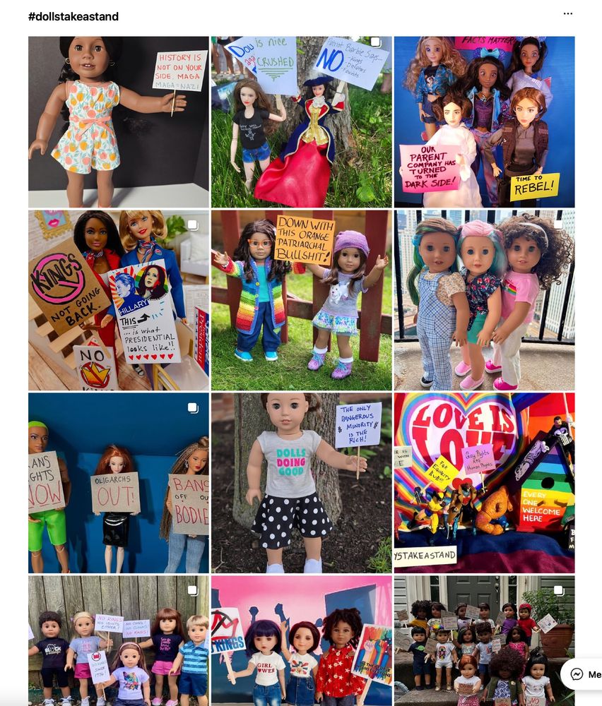 a photo grid of dolls with protest t-shirts and signs.