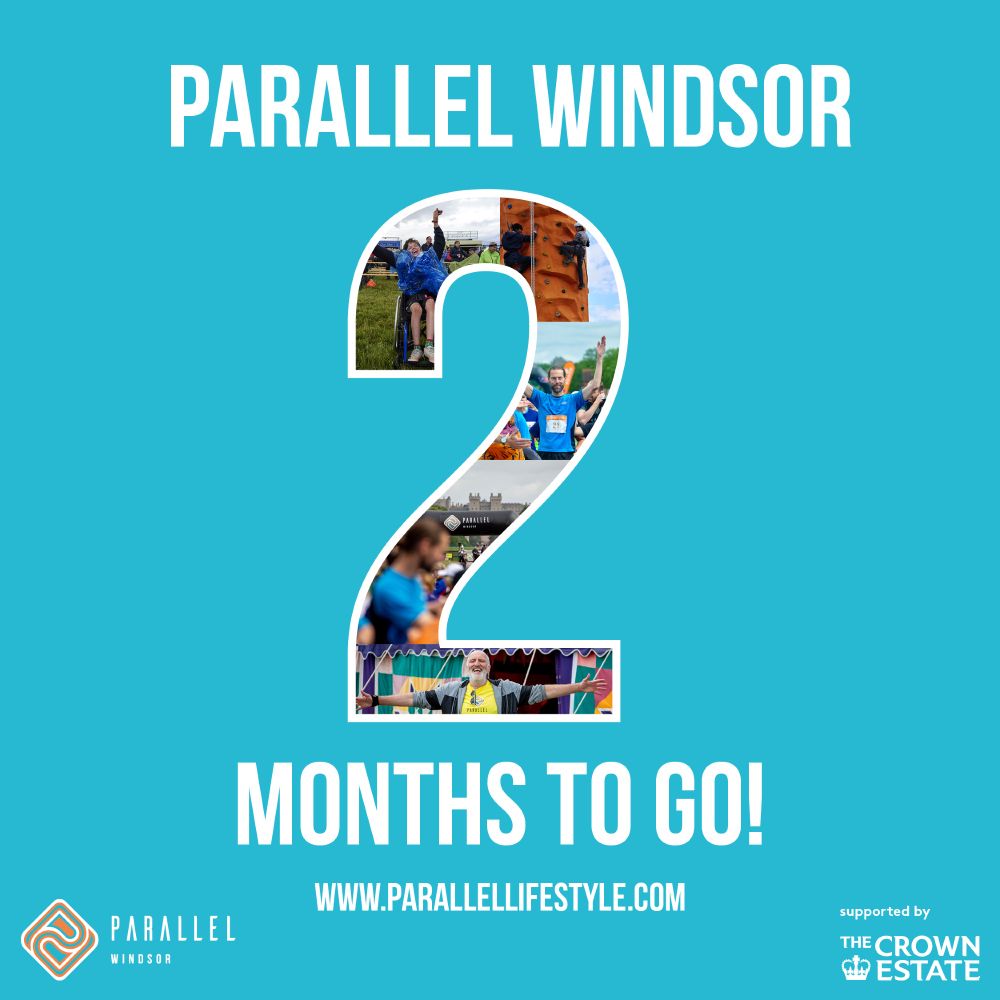 A blue background with the words 'Parallel Windsor 2 months to go! www.parallellifesyle.com' written in white. The '2' takes up most of the page and is filled with images of Parallel inside. On the bottom left corner of the image is the Parallel logo and to the right is the crown estate logo.