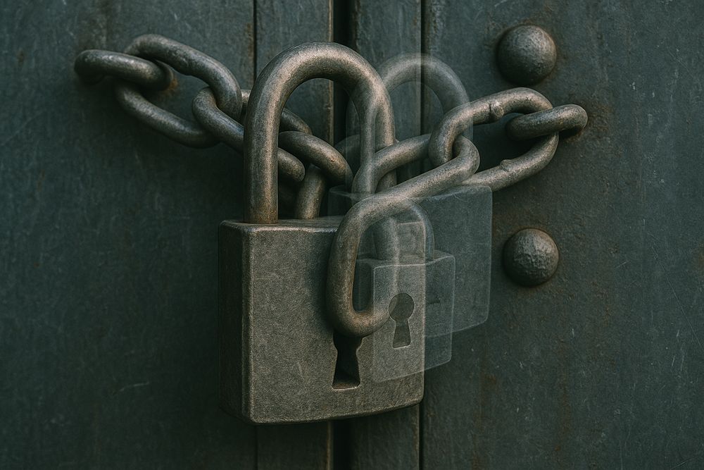 a double exposure-like image of a pad lock connecting chain on a warehouse door.