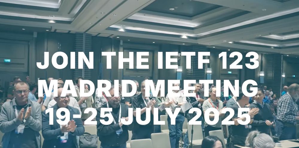 Attendees applauding at an IETF Meeting, with text calling to join the 123 Madrid meeting on 19-25 July 2025.