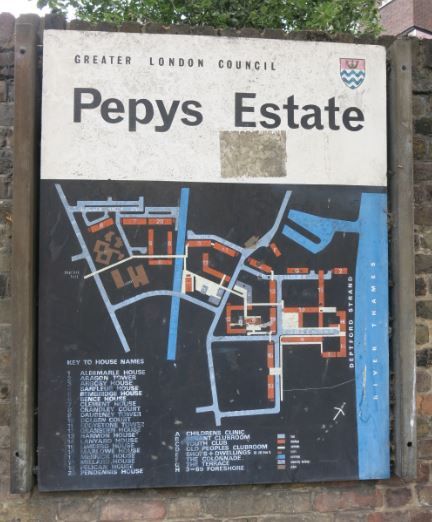 Great London Council sign with map of the Pepys Estate. 