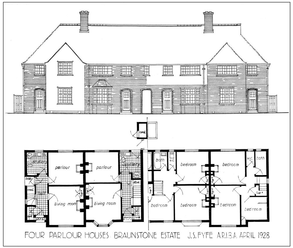 Block of four parlour houses, Braunstone Estate, 1928 (Drawing by Ned Newitt from the original plans)