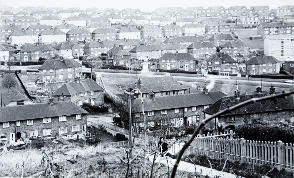 Black and whte image of council estate from hill