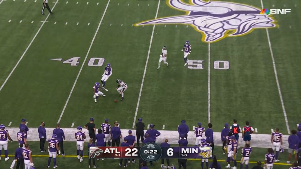 Minnesota Vikings returner fumbling a punt return cementing Atlanta Falcons 22-6 lead and inevitably victory with only 22 seconds in the 4th quarter.