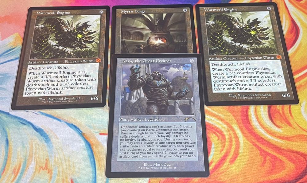 Retro Frame Karn, Wurmcoil Engines, and Mystic Forge