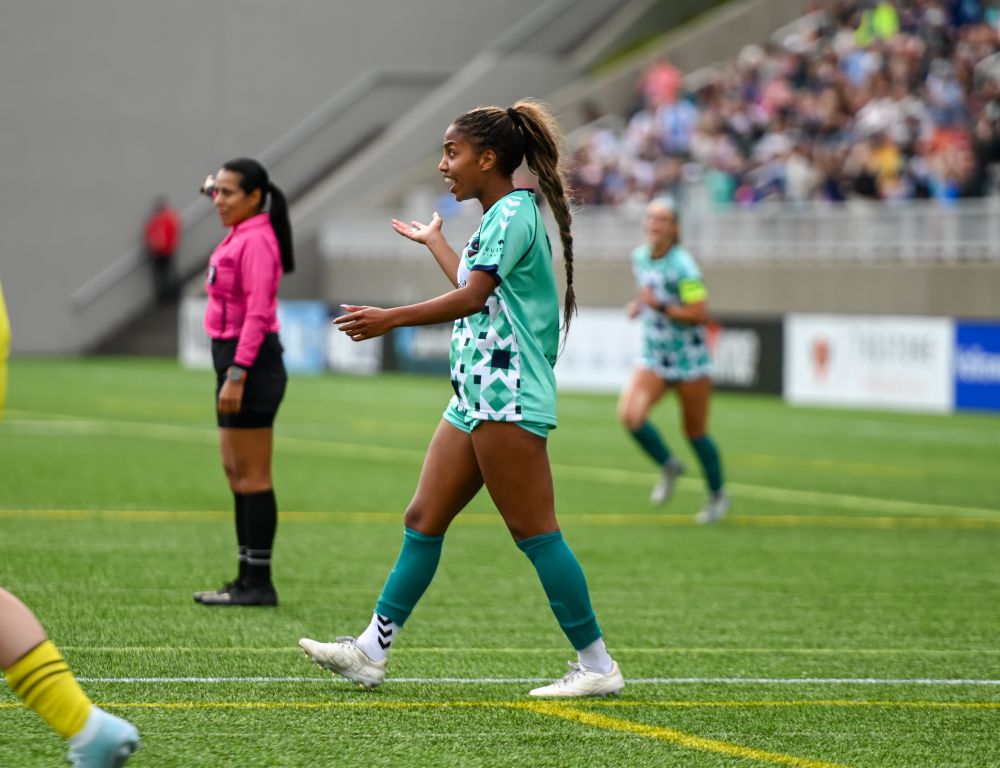Saige Wimes baffled expression that her wind aided pass to the back post found the back of the net