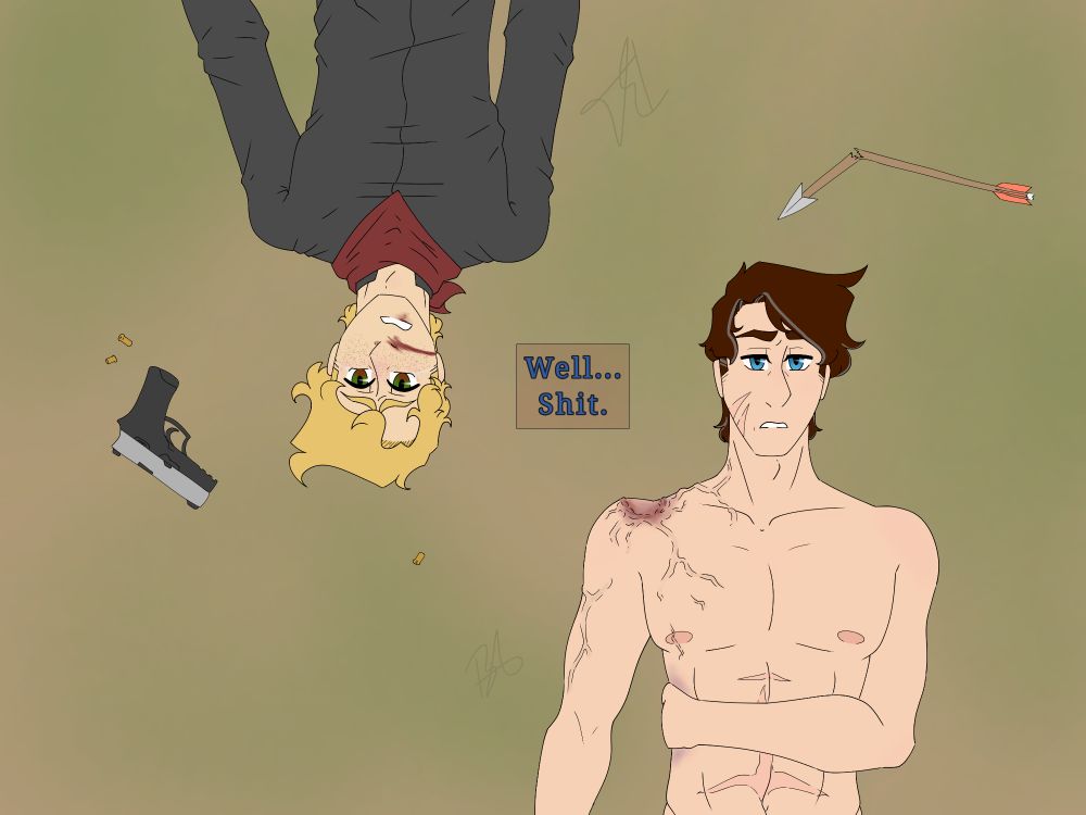 AU August, Day 4: Apocalypse AU, colored piece.
Featuring my OCs, Apollo (upper left) and Alfred (lower right).
A text box in the center reads, "Well... Shit."