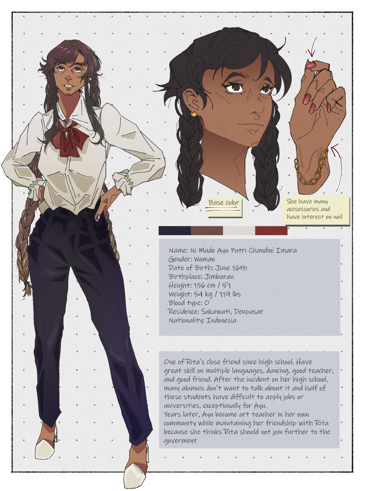 brief description about Ayu who wears a white bone shirt with red bows, dark blue trousers, and pair of white shoes. She also likes nail polish and sometime wearing accessories like earrings and bracelet 