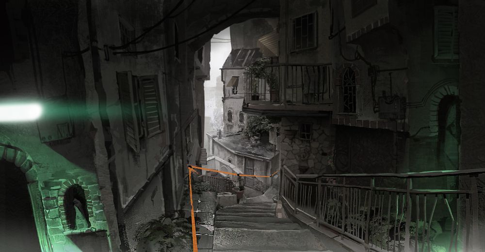 Art of an urban path between buildings in old italian architecture style lit with fluorescent bulbs 