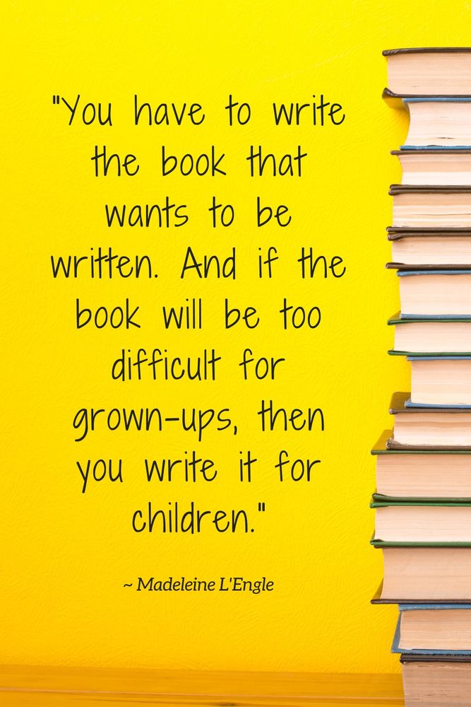 Quote by madeleine l’engle with yellow background and a stack of books