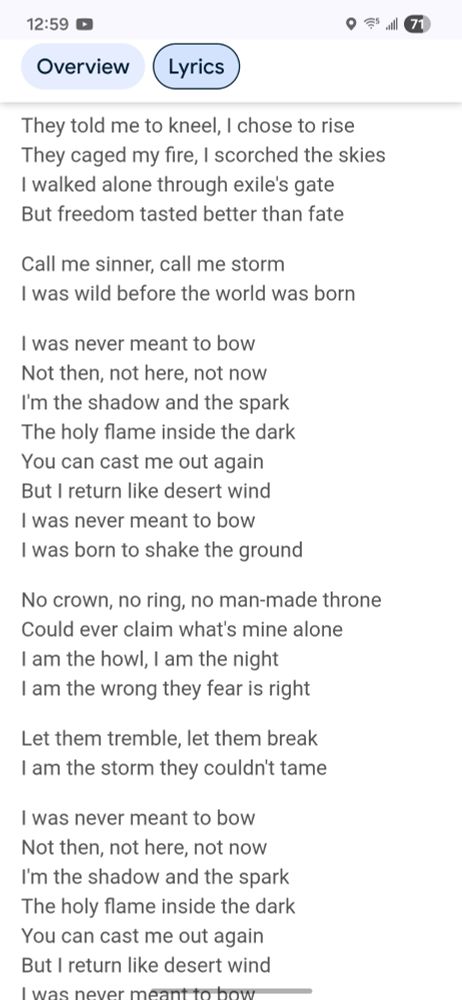 They told me to kneel, I chose to rise
They caged my fire, I scorched the skies
I walked alone through exile's gate
But freedom tasted better than fate
Call me sinner, call me storm
I was wild before the world was born
I was never meant to bow
Not then, not here, not now
I'm the shadow and the spark
The holy flame inside the dark
You can cast me out again
But I return like desert wind
I was never meant to bow
I was born to shake the ground
No crown, no ring, no man-made throne
Could ever claim what's mine alone
I am the howl, I am the night
I am the wrong they fear is right
Let them tremble, let them break
I am the storm they couldn't tame
I was never meant to bow
Not then, not here, not now
I'm the shadow and the spark
The holy flame inside the dark
You can cast me out again
But I return like desert wind
I was never meant to bow
I was born to shake the ground
I am the first, I am the fire
I am the truth beneath desire
They called me demon, called me shame
But now the world will know my name
I was never meant to bow
I rise while empires drown
I'm the rage and I'm the grace
The sacred howl they can't erase
Strike me down-I'll rise again
Wilder, stronger, free of chains
I was never meant to bow
I was born to wear my crown