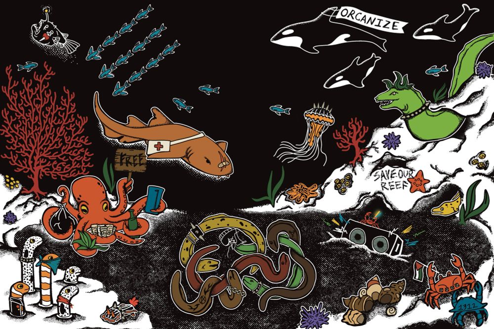 An underwater scene of punk animals doing various things including: octopus doing mutual aid distribution, nurse shark medic, organizing orcas, garden eels watching other eels mosh pit, and crab rave
