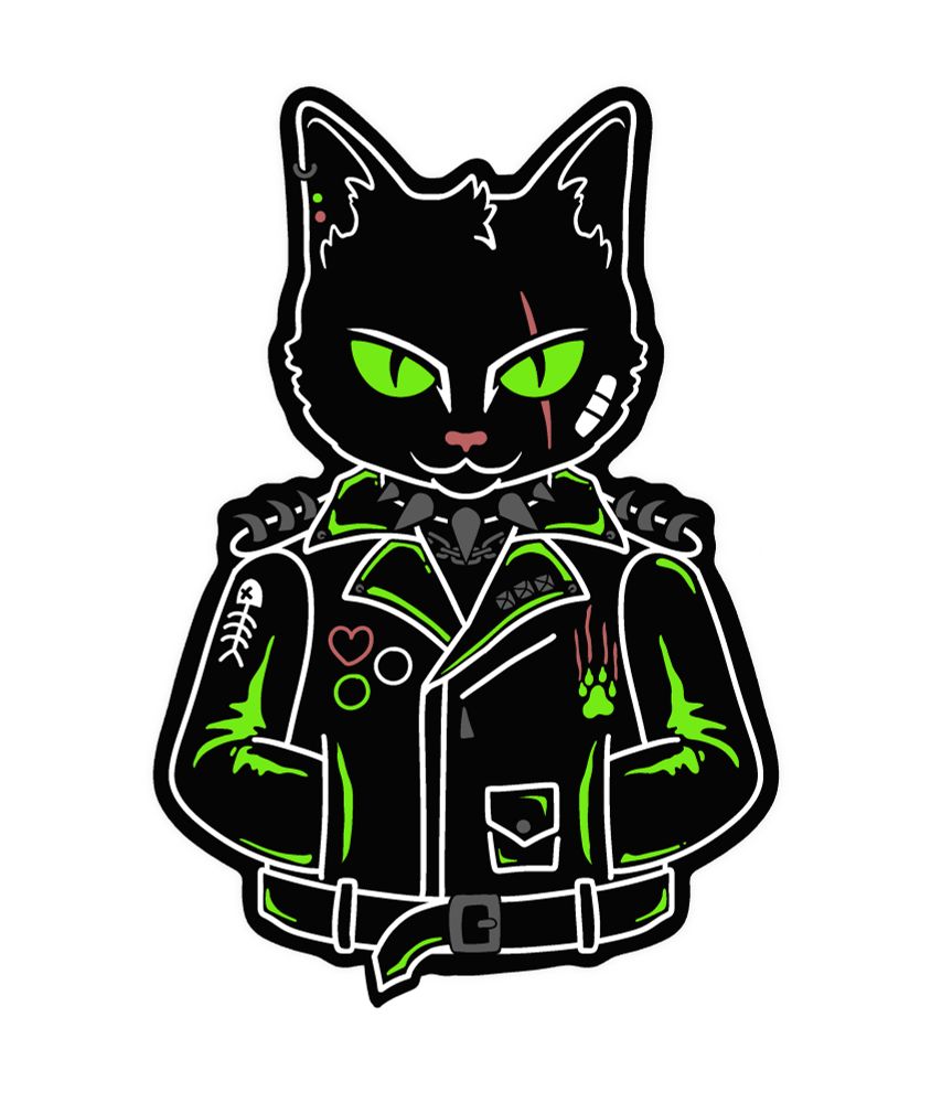 Punk themed black cat in a leather jacket. Updated version with narrow glaring green eyes, rounded head, and more green details 