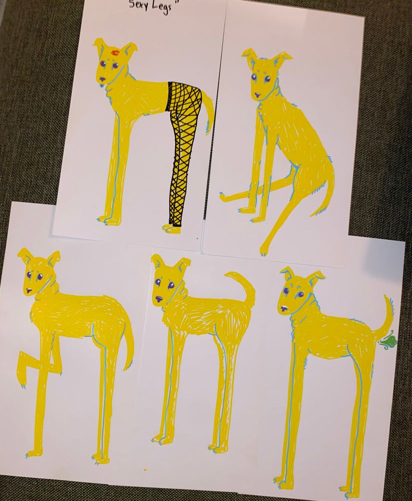 5 drawings of a yellow dog with very long legs 