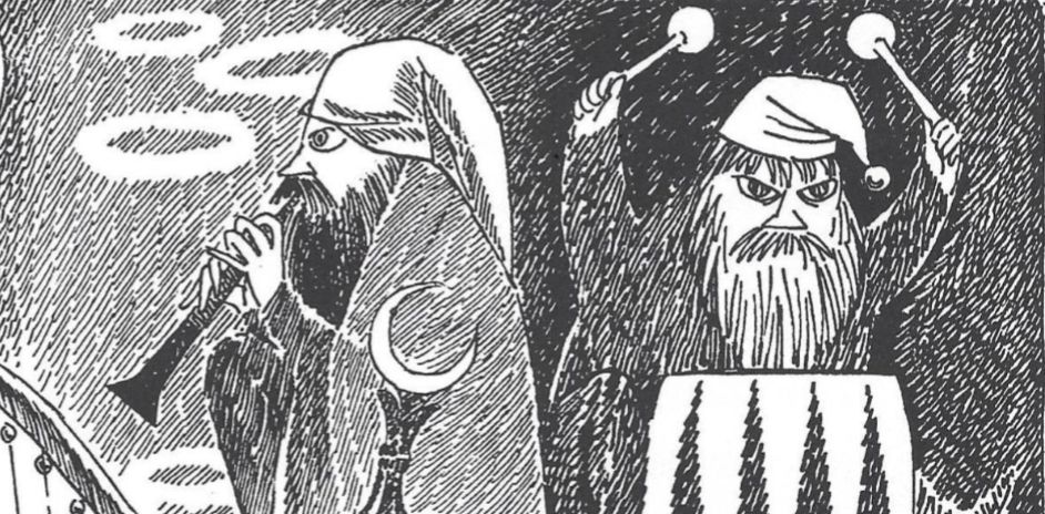 Two of the dwarves from the above picture. One playing a clarinet or oboe with a magical staff nearby and the other is playing a timpani with his pissed off face