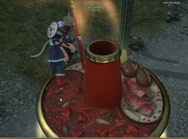 Another angle of the screenshot of the China live broadcast VOD, of ff14. In which a miqo character is standing on the lip / side of a hotpot bowl mount. Its bright red with gold accents, and has a gold divider seperating the two broths. One is red hot and looks spicy, the other is white with little pepper seeds. The red spicy broth has bits floating in it (i cant tell what they are), and the white broth has big brown mushrooms, slowly cooking pork or beef meat slices, and sliced green onion. There is bits of steam around it