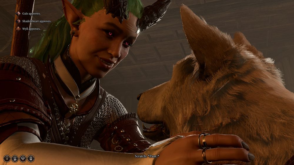 screenshot of bg3, my character whose a teifling is giving pets to Scratch. The white stray dog. Shes smiling! She has green hair tied back and front black horns.