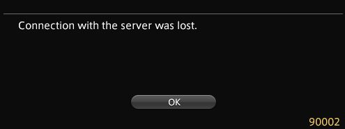 small crop screenshot of the ffxiv error message. 'Connection with the server was lost' error 90002 and a small okay button.