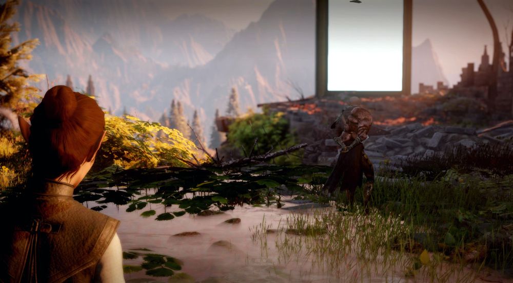 Solas walking ahead with his arms behind his back, aways back is my character / fem elf watching him. The background is in the Eluvians far from home, with one Eluvian mirror standing just ahead of Solas.