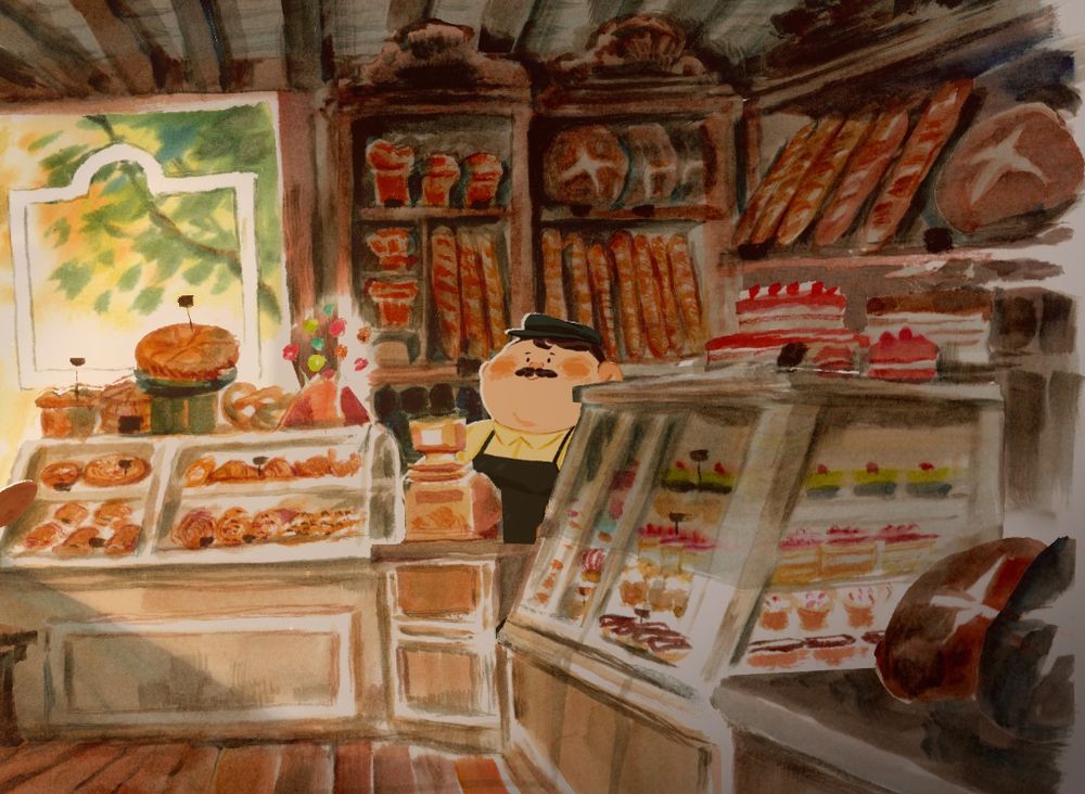 Screenshot from the game dordogne. It's a small tucked away bakery in the city, its very small. Cabinets filled with pastries are lined up in an L shape against the corner, in the middle is a cash register with a gentle and kind looking circle shaped person with a little hat and moustache. Rosy cheeks. Behind him are tall wood cabinets stacked with fresh baked breads. The tops of the counters have more pastries, pies, and cake slices. You can see the wood beams in the ceiling, and there's a small white decaled window overlooking some small tree's nearby. It's coloured in the game like watercolor almost, brush strokes and whatnot. Very storybook feel