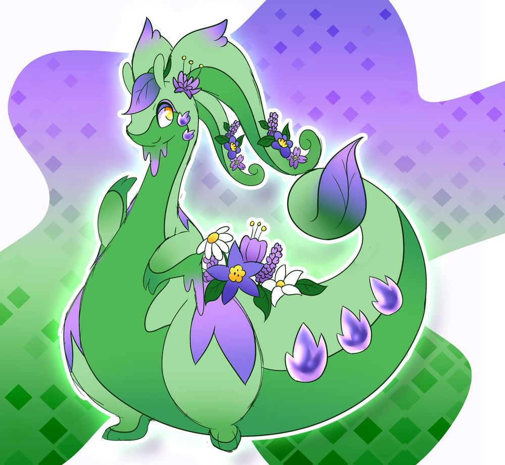 Image of a green-goop goodra with purple floral motifs