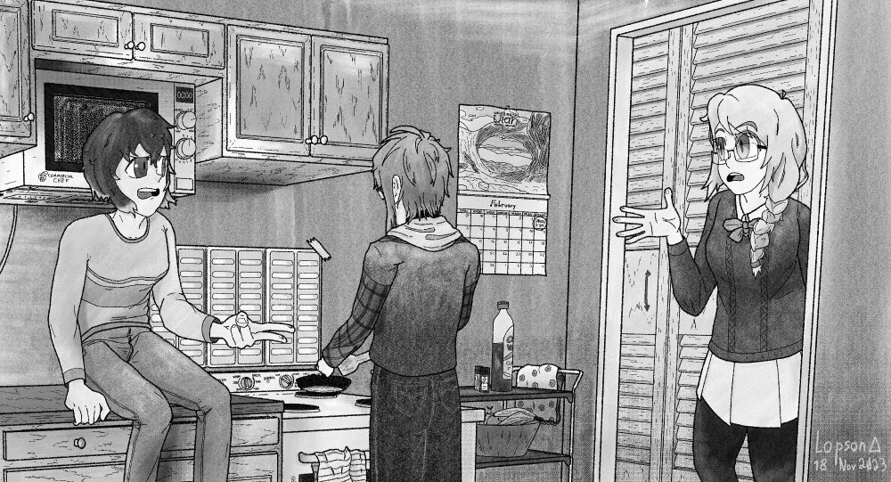 Twofold characters Caprice, Olive, and Millie share a conversation in Olive's kitchen on Caprice's own birthday. While the sisters Caprice and Millie seem to be having an animated discussion, most likely about the events of the visual novel, Olive is in-between them, cooking something on a frying pan.