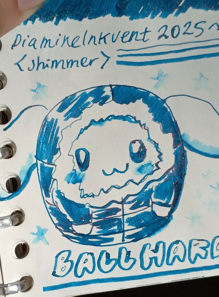 Cinnamoroll in a round barn shape in a puffer jacket with the text ball hard underneath it. Teal ink